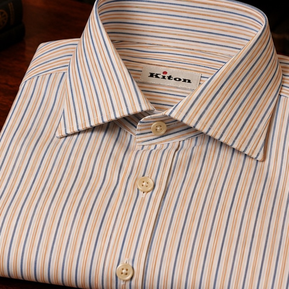 Kiton Men’s Blue and Tan Striped Dress Shirt